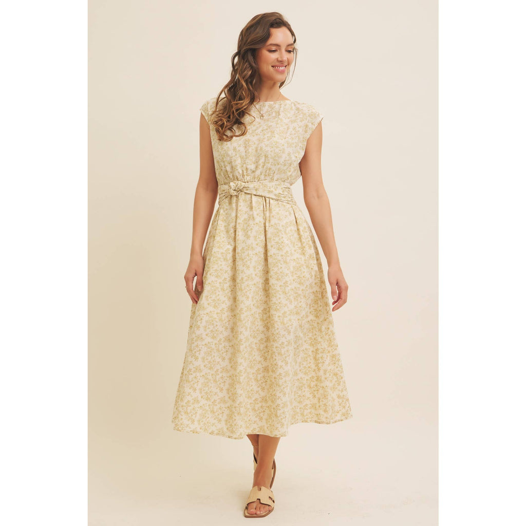 BOAT NECK PLEATED SLEEVELESS FLORAL MIDI DRESS