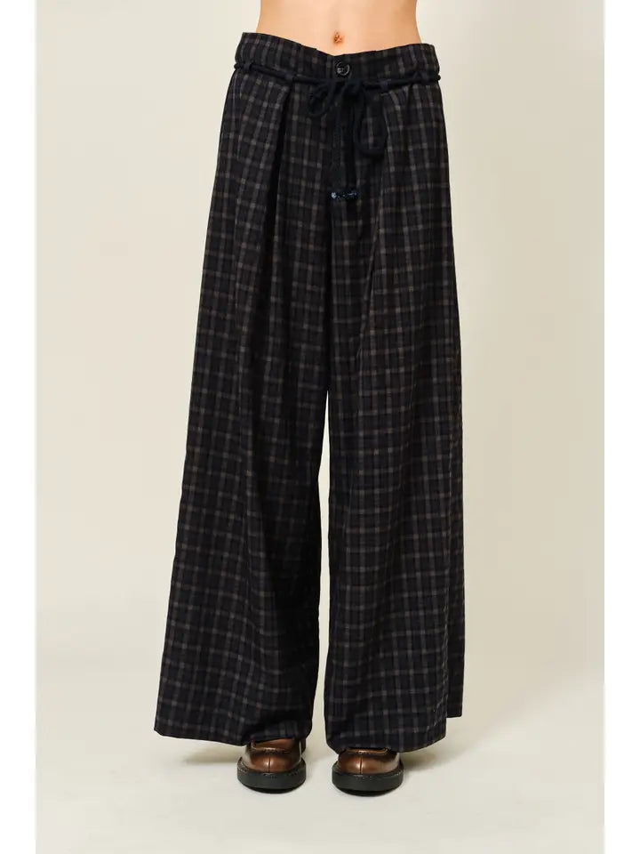 Plaid Wide Pants with Belt Detail