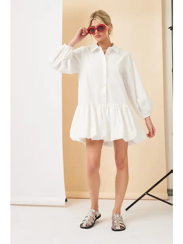SHIRT BUBBLE HEM MINI DRESS- OFF WHITE