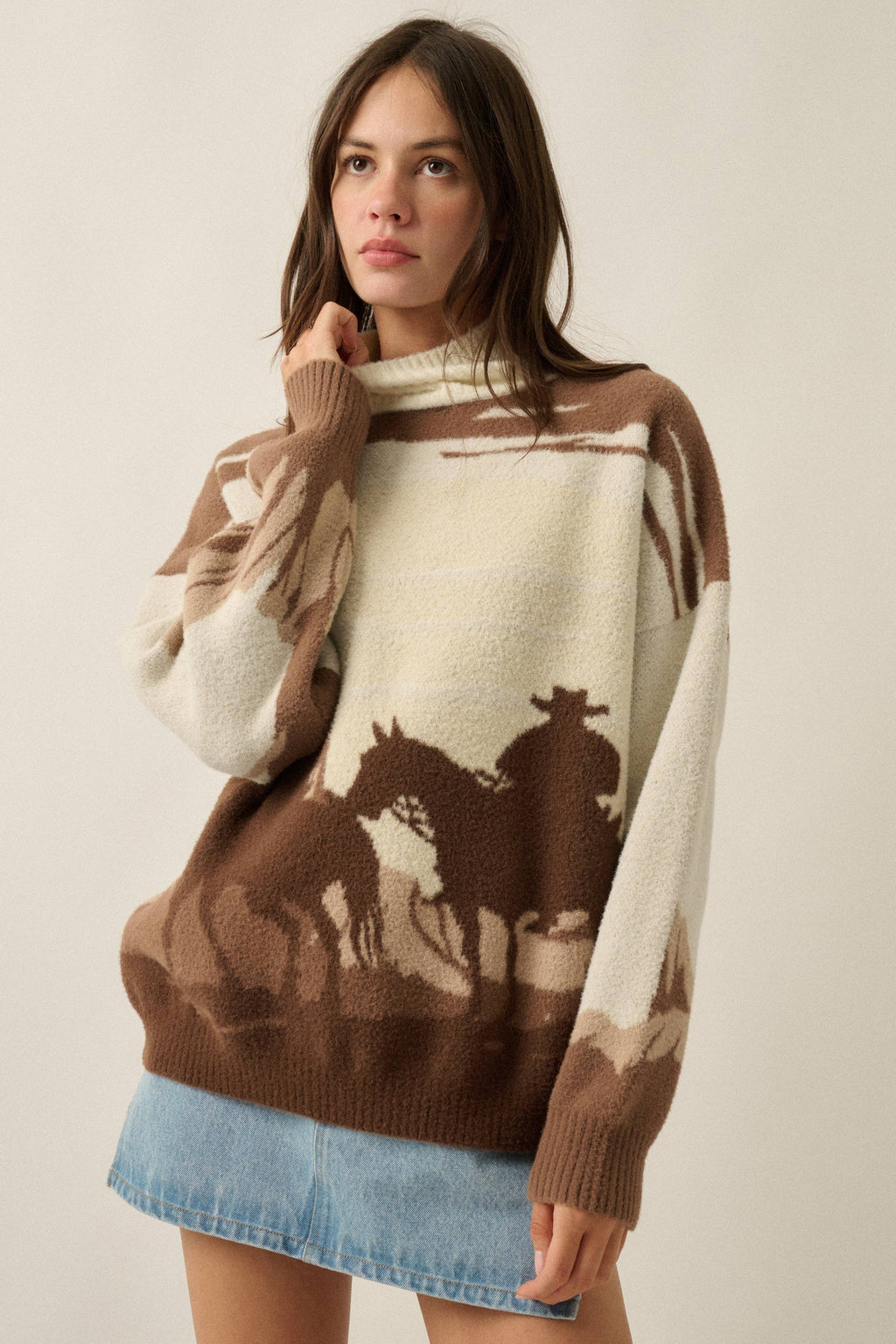 Western Landscape Jacquard-Knit Mock-Neck Sweater