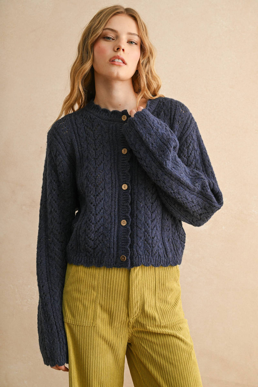 LIGHT WEIGHT BUTTON FRONT CABLE KNIT CARDIGAN