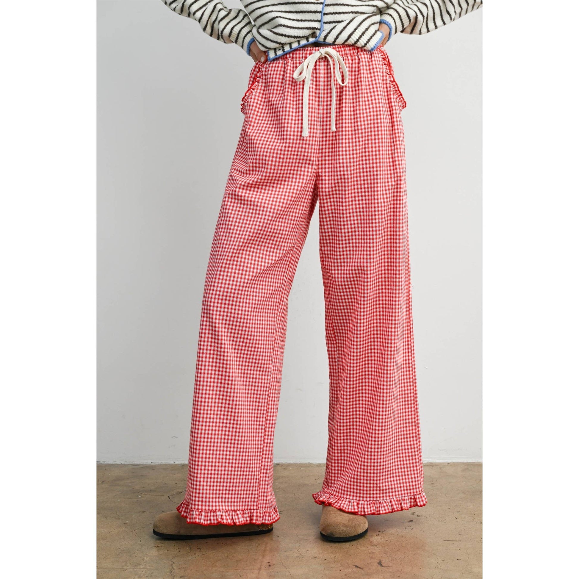 Gingham Ruffle Hem Cropped Pants