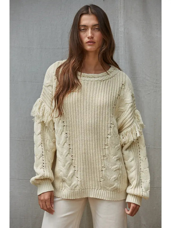 Cable Knit Sweater with Fringe Detail