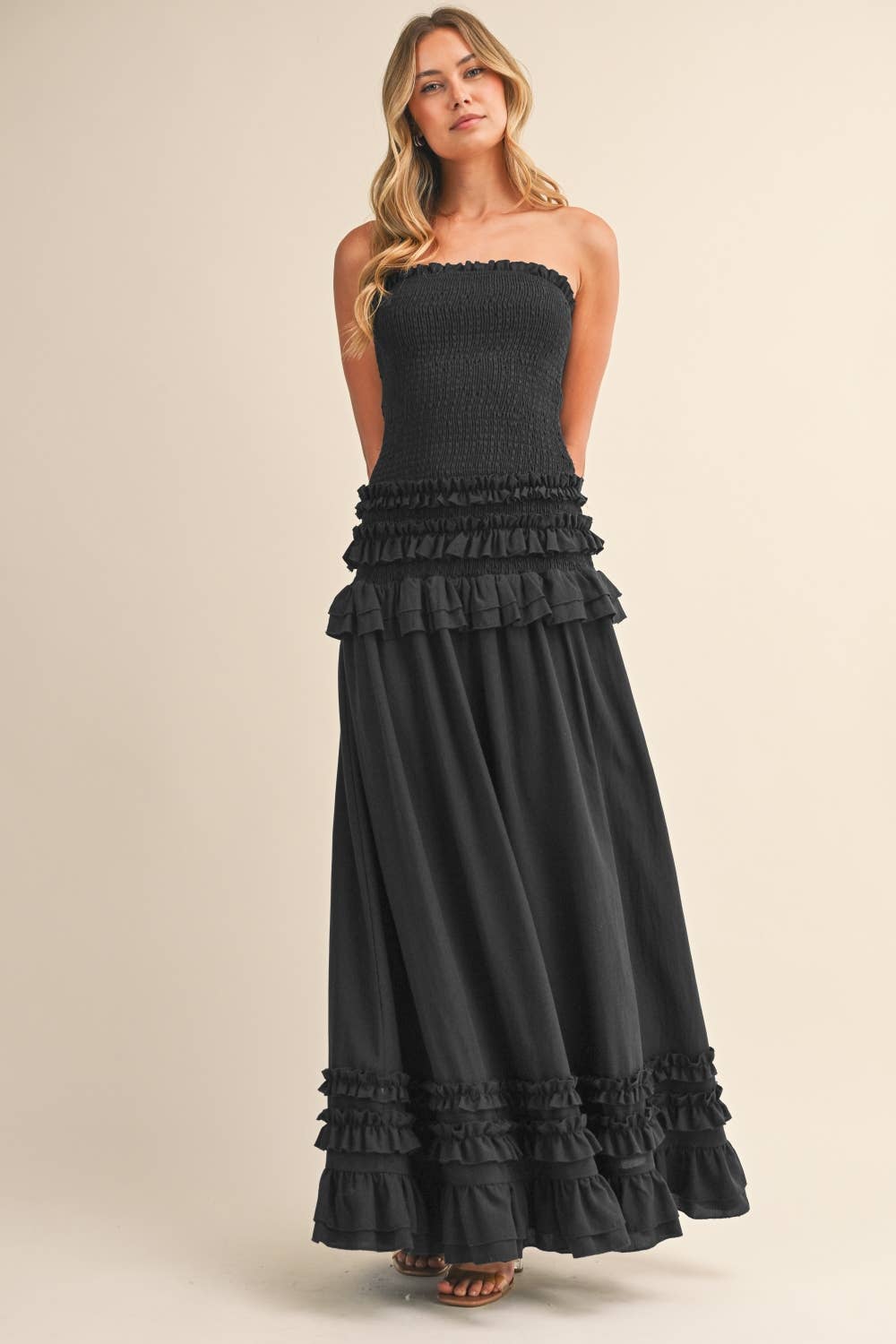 RUFFLED SMOCKED LOW WAIST MAXI DRESS
