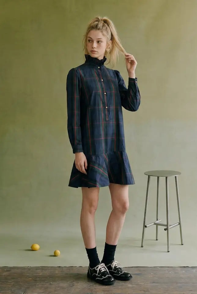 Plaid Taffeta Ruffle Collar Mini Dress