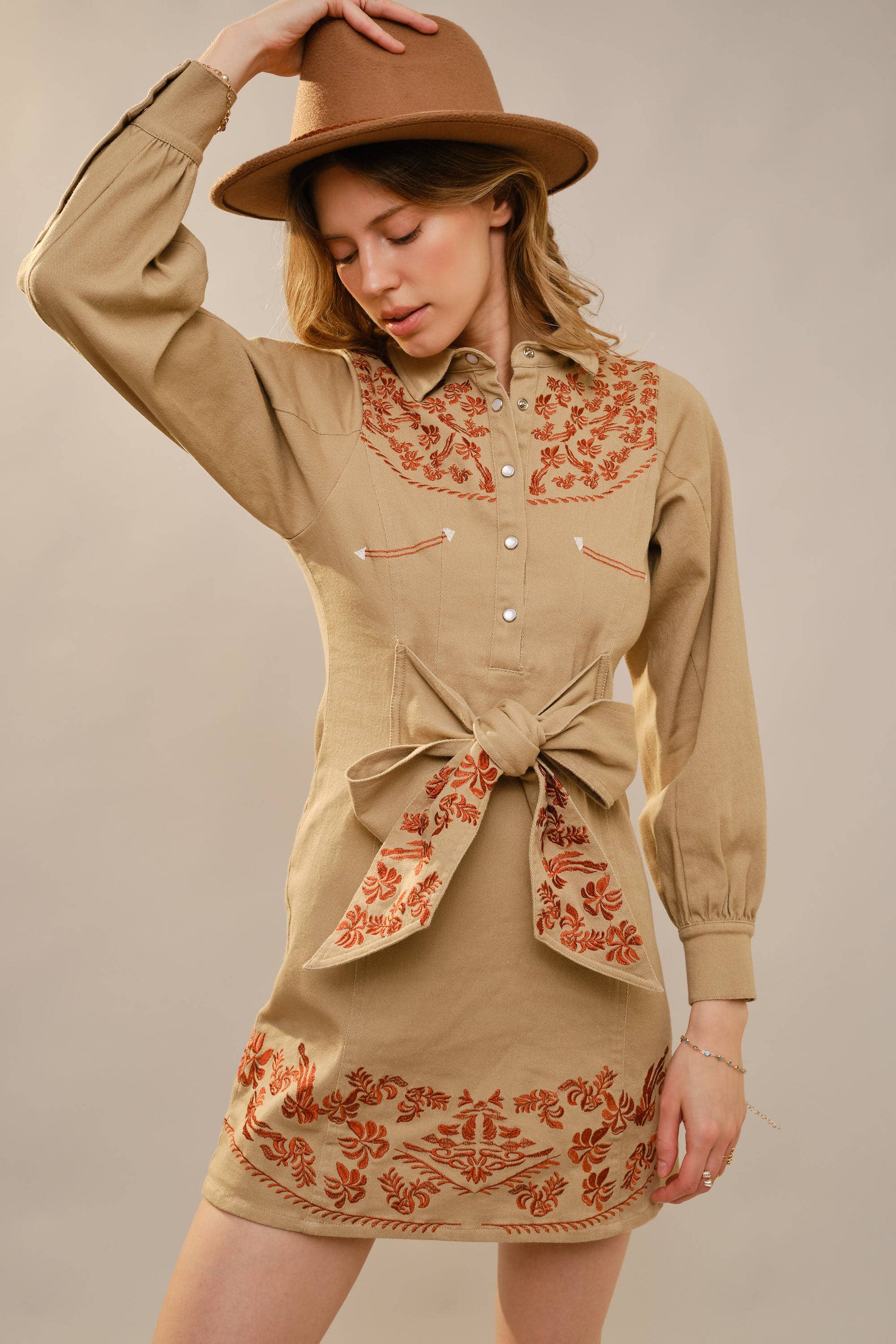 Embroidery Self Tie Denim Dress