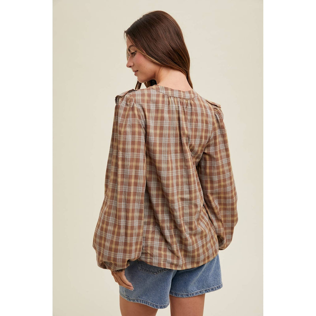 RUFFLED PLAID BUTTON-UP SHIRT