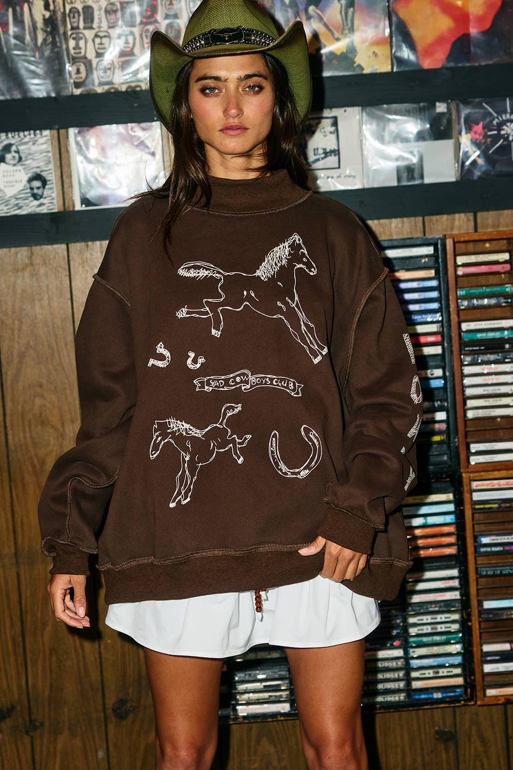 Reversible Horse Graphic Mock-Neck Sweatshirt