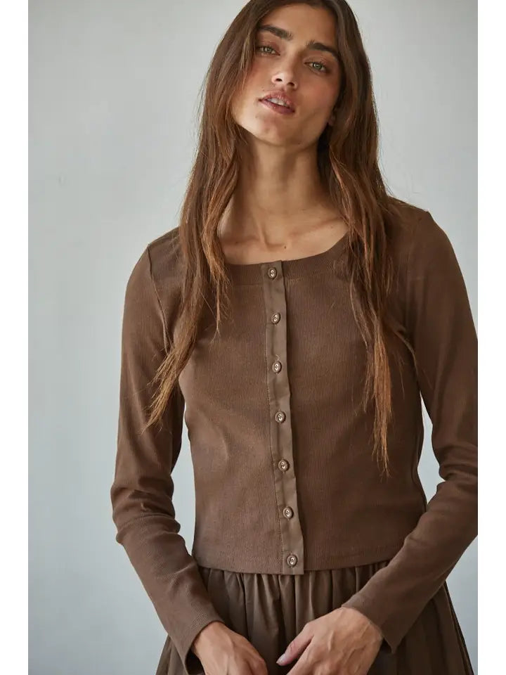 Knit Cotton Spandex Ribbed 3/4 Sleeve Cardigan