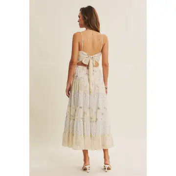 MEADOW INSPIRED MIXED FLORAL BOW BACK FLARE MIDI DRESS