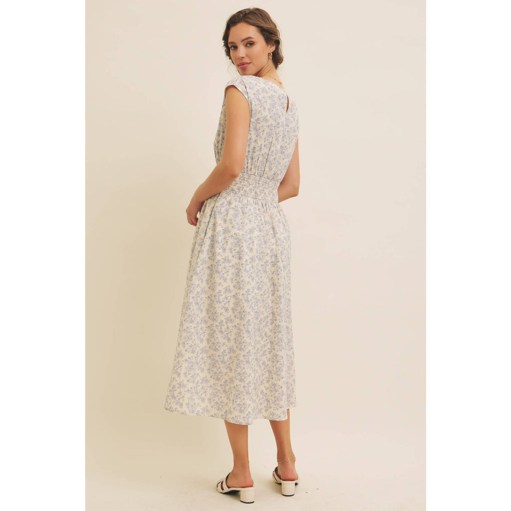 BOAT NECK PLEATED SLEEVELESS FLORAL MIDI DRESS