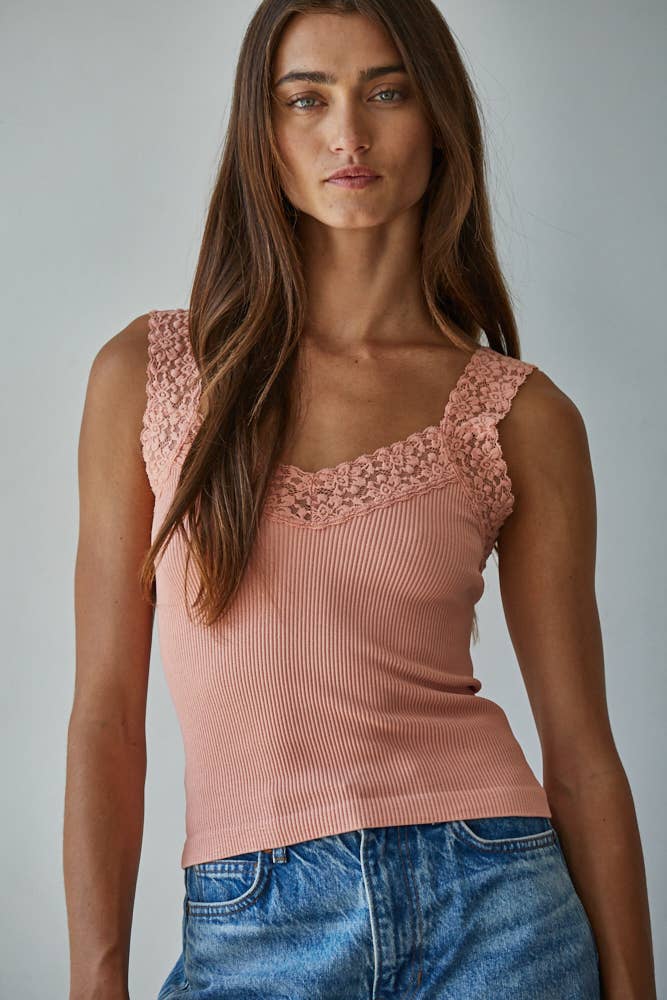 Knit Seamless Ribbed Tank Top with Lace Trim