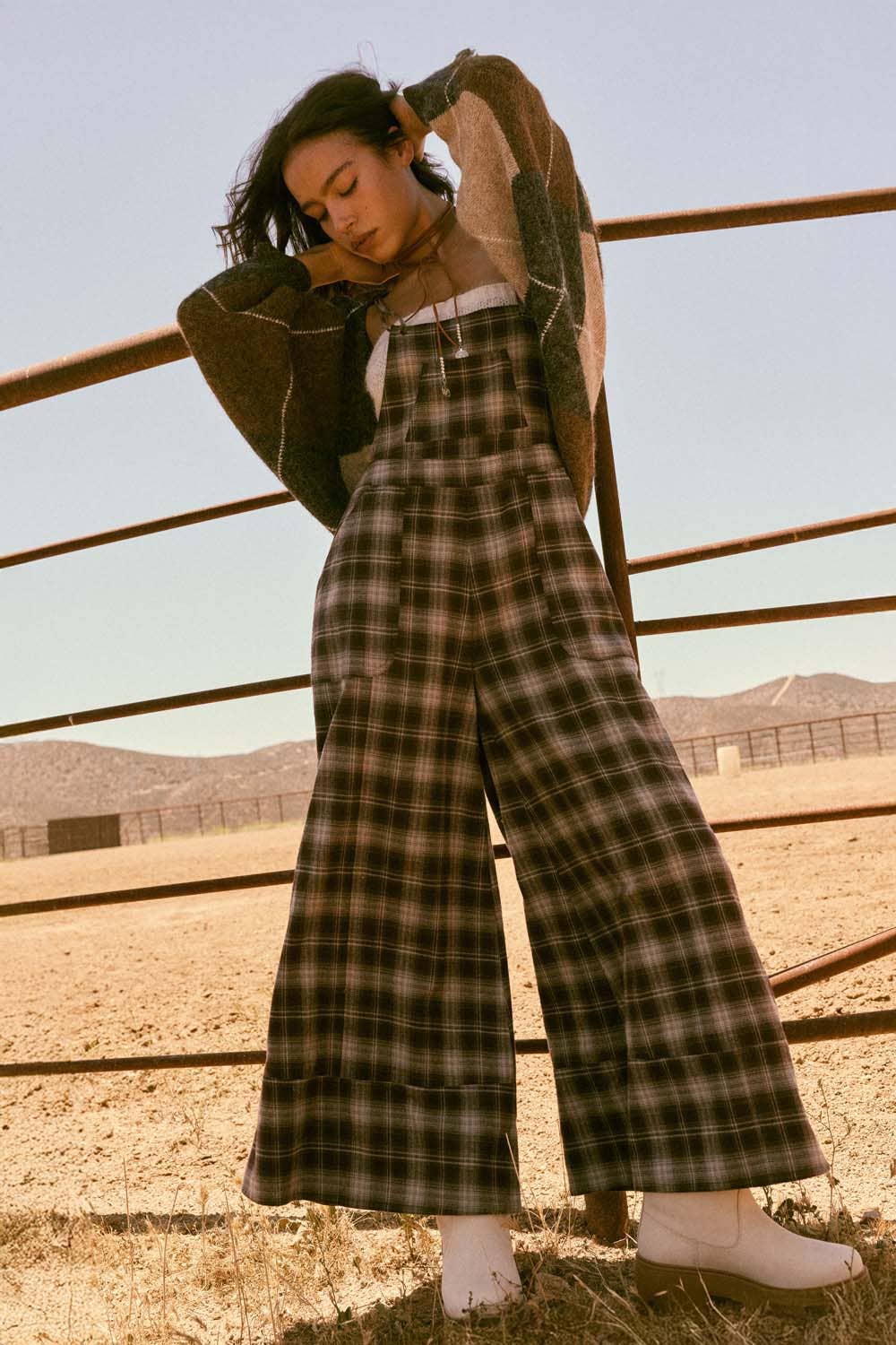 Plaid Flannel Wide-Leg Overall Jumpsuit