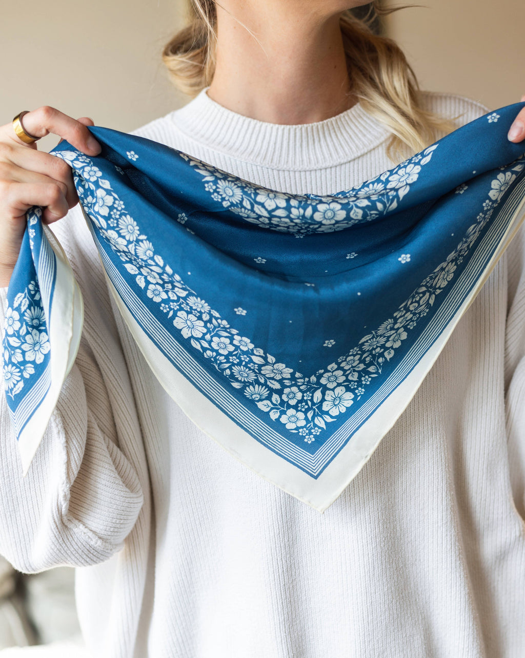 100% Silk Bandana Scarf -Santorini Floral China Blue Western