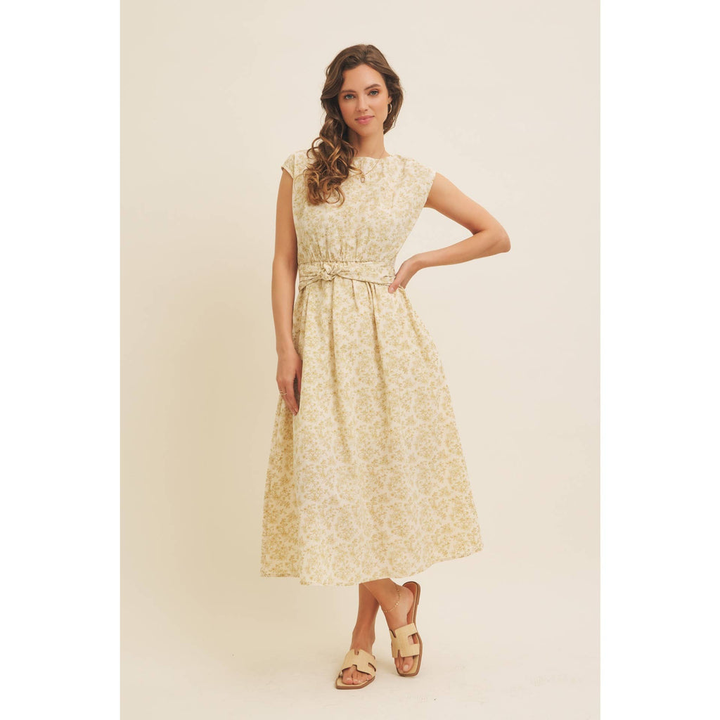 BOAT NECK PLEATED SLEEVELESS FLORAL MIDI DRESS