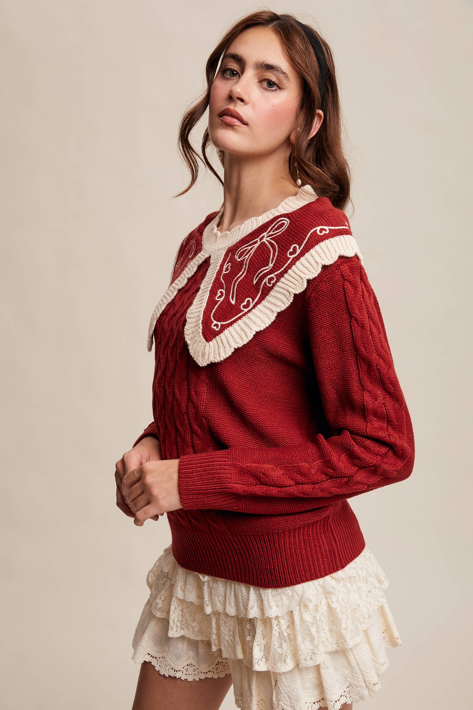 Bow Embroidered Cable Knit Sweater LSW0975