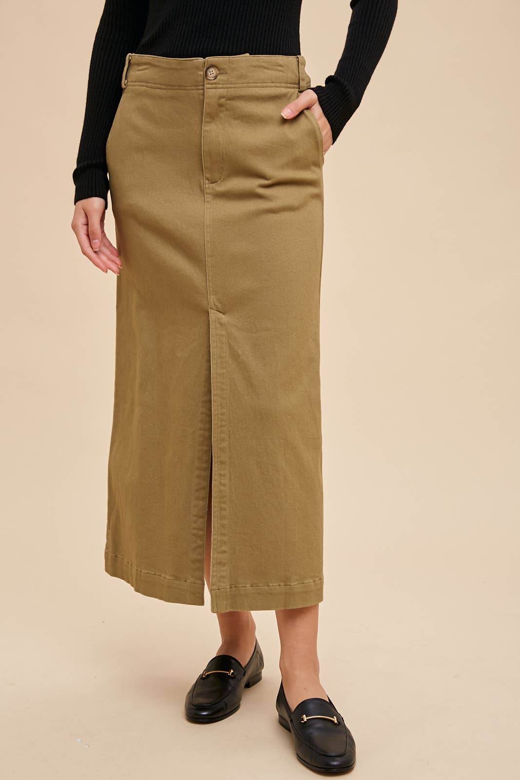 STRETCH TWILL PENCIL SKIRT - UTILTY OLIVE
