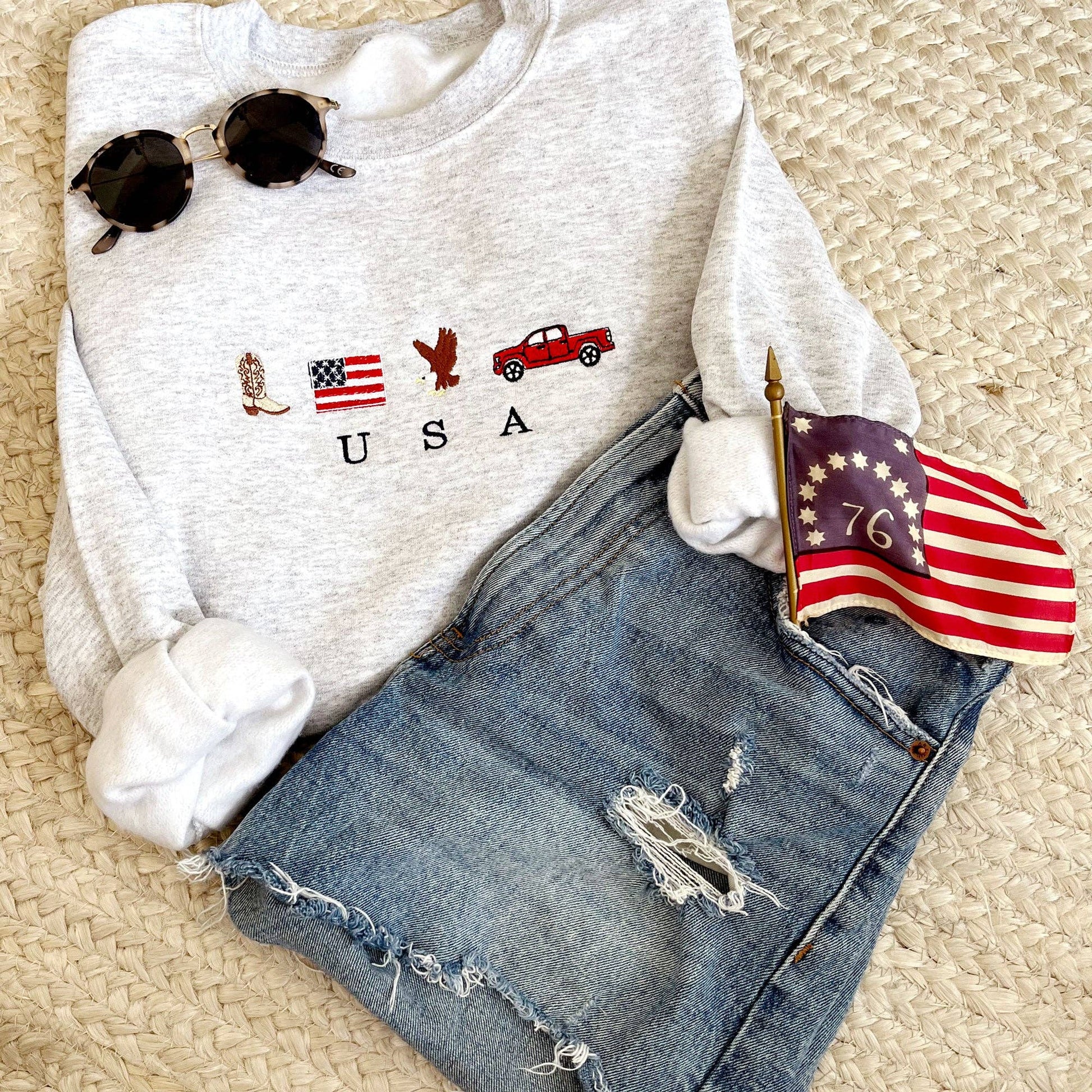 USA Embroidered Icons Crewneck Sweatshirt - Patriotic Western Pullover