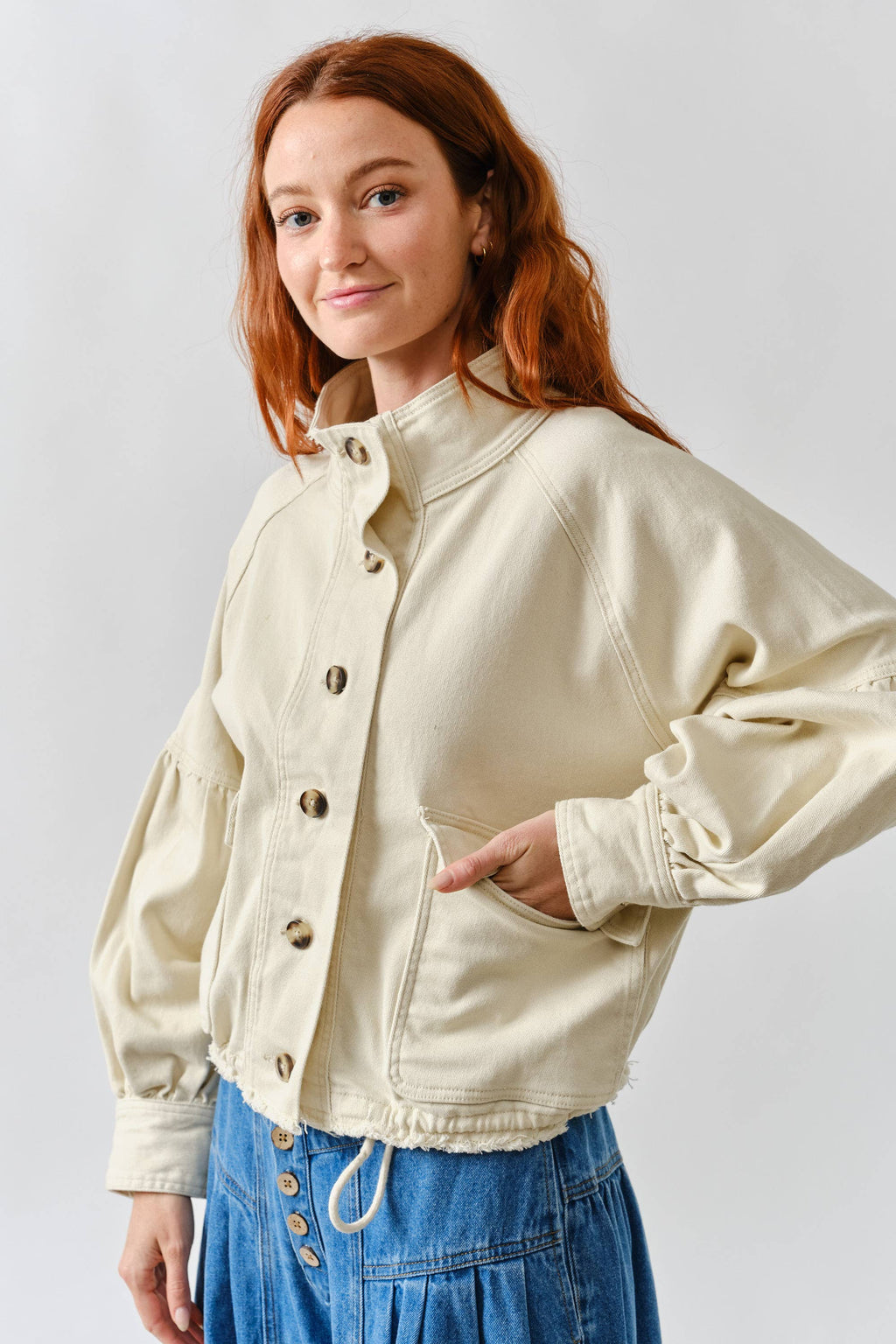 MAJ3306 BALLON SLEEVE TWILL JACKET DRAWSTING WAIST