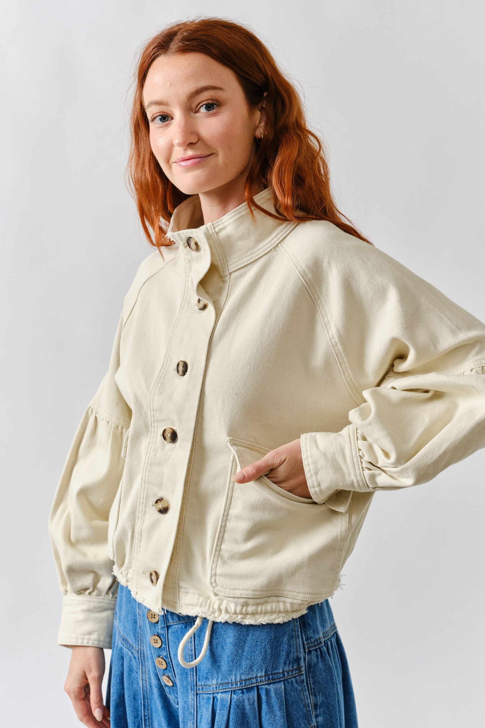 MAJ3306 BALLON SLEEVE TWILL JACKET DRAWSTING WAIST