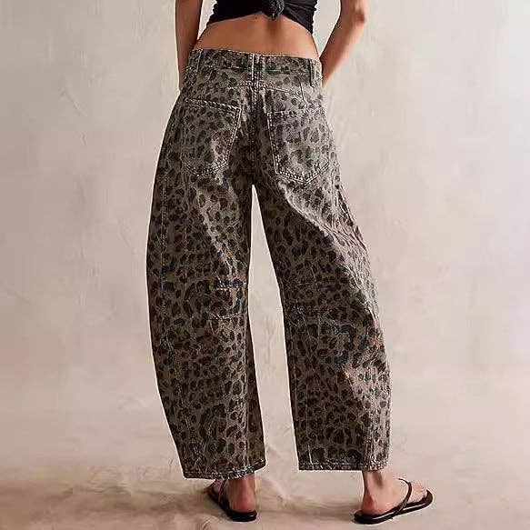 Leopard Print Loose Midi Waist Wide Leg Jeans DP25A479