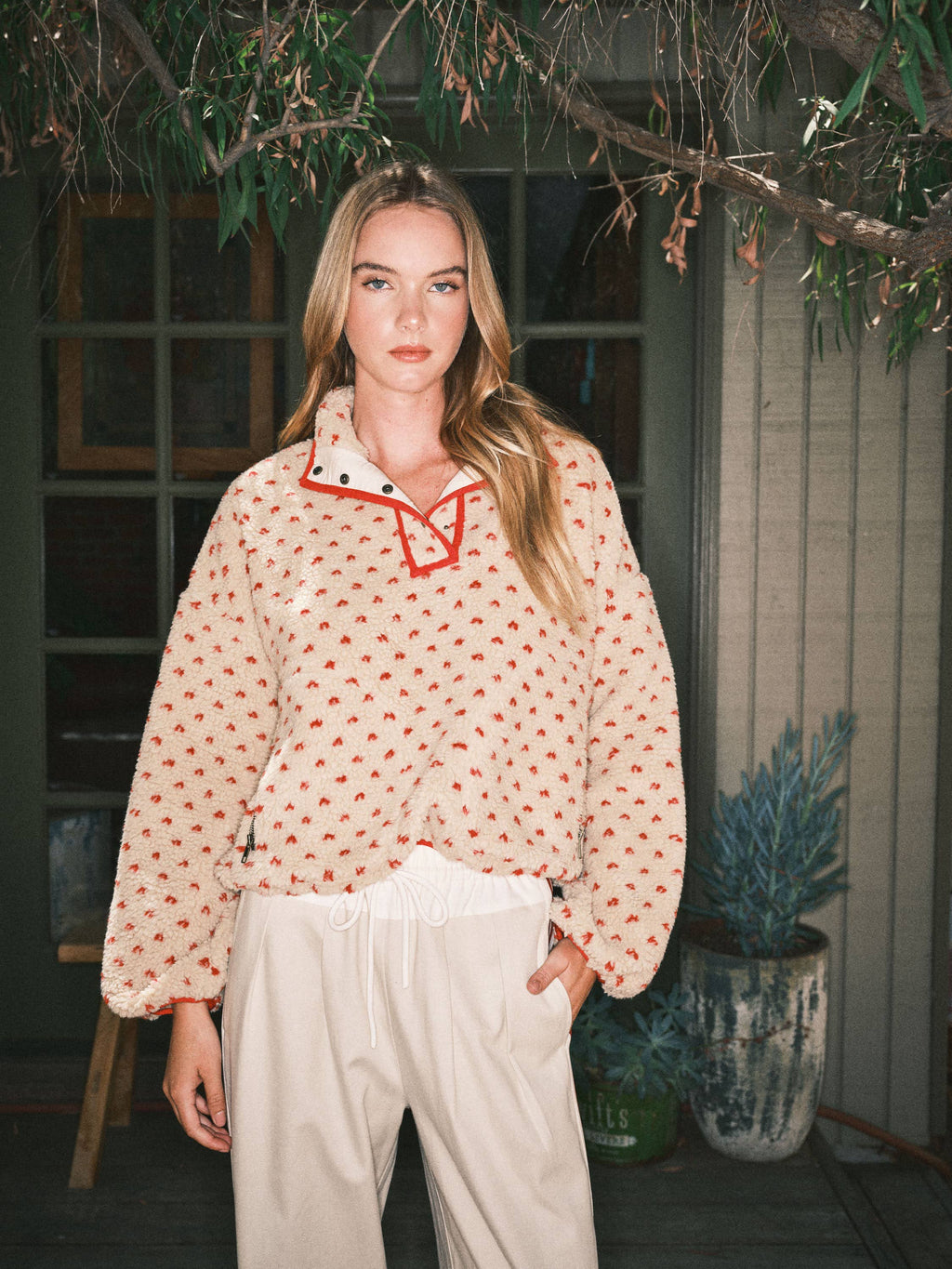 AJJ5366 HEART PRINT TEDDY BEAR PULLOVER JACKET