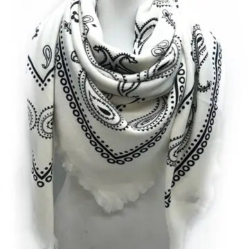 Oversized Bandana Print Square Scarf with Long Fringe