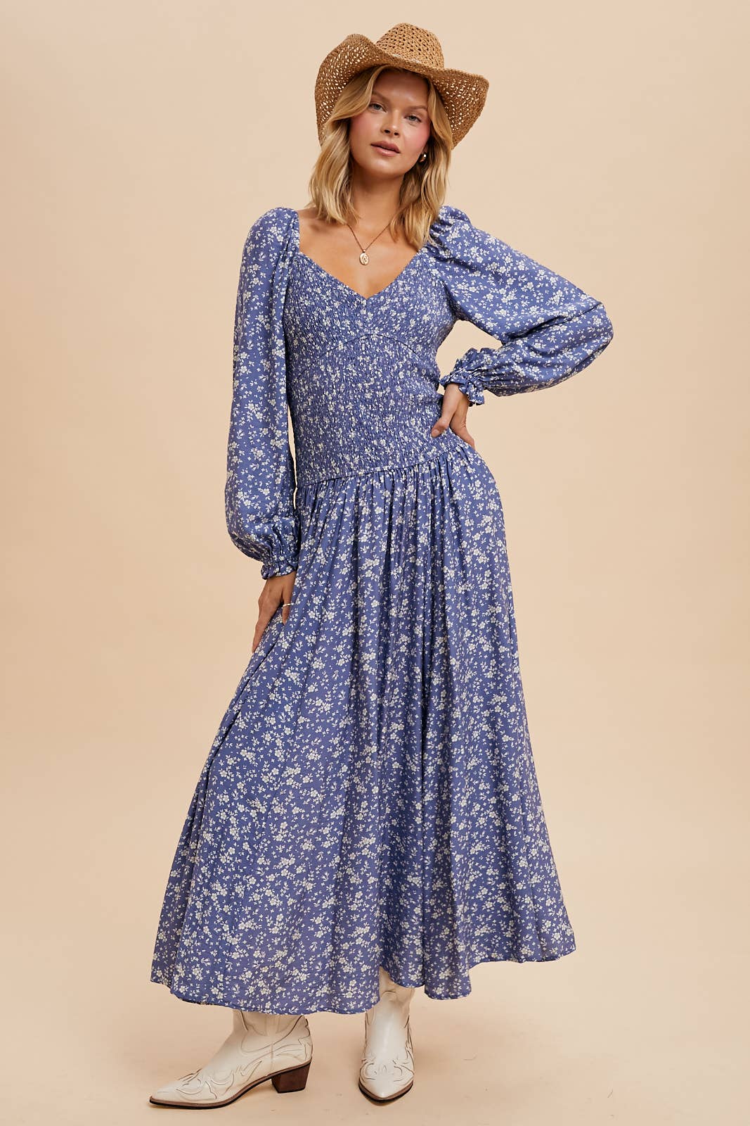 SMOCKED DROPWAIST MAXI DRESS