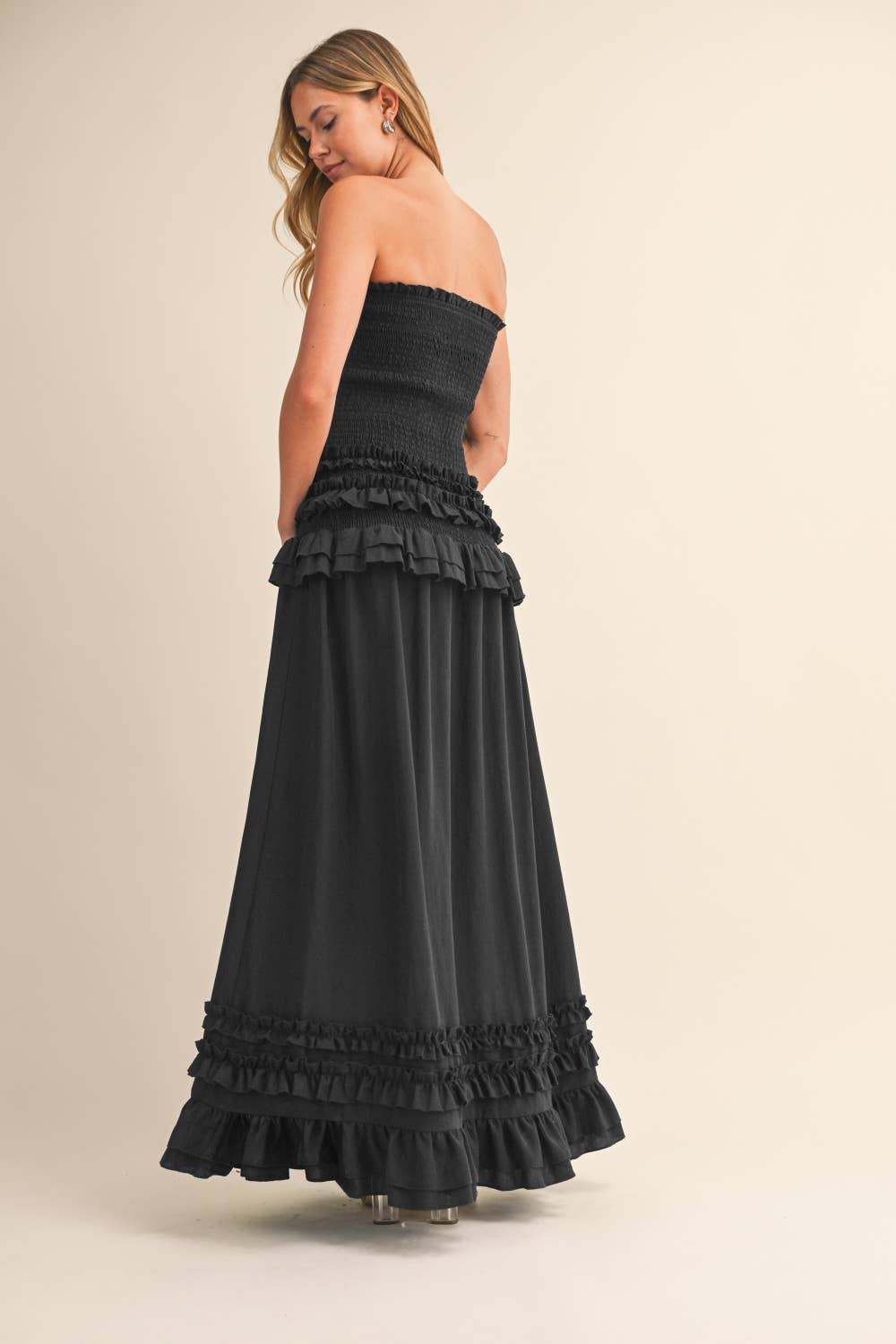 RUFFLED SMOCKED LOW WAIST MAXI DRESS