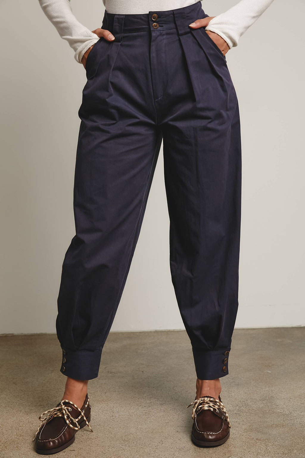 High-Waisted Pleated Tapered Pants with Button Cuff Detail