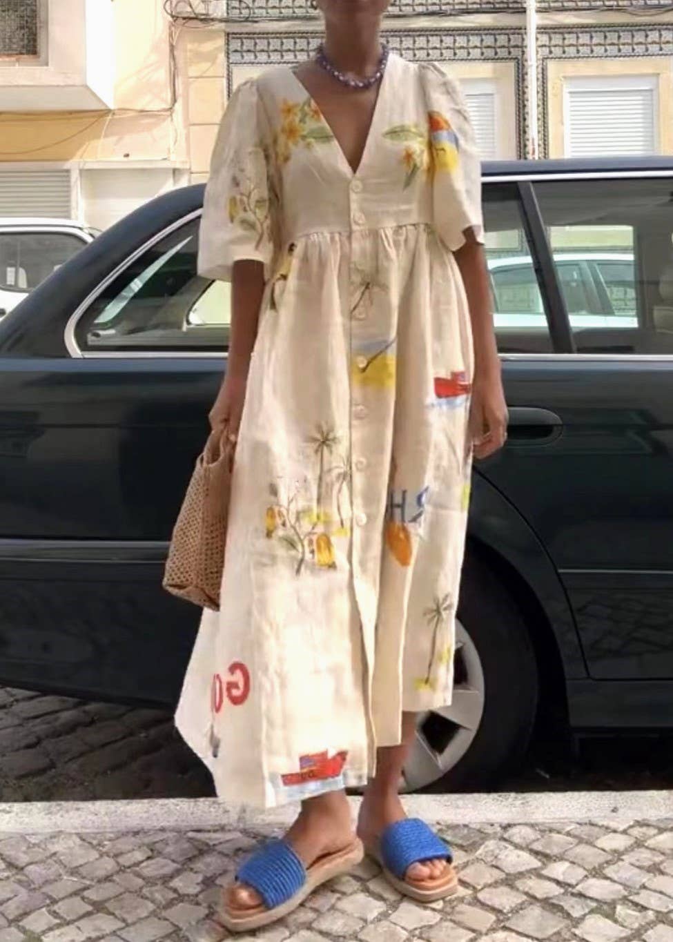 Fashion Cartoon Print V-Neck Midi Dress