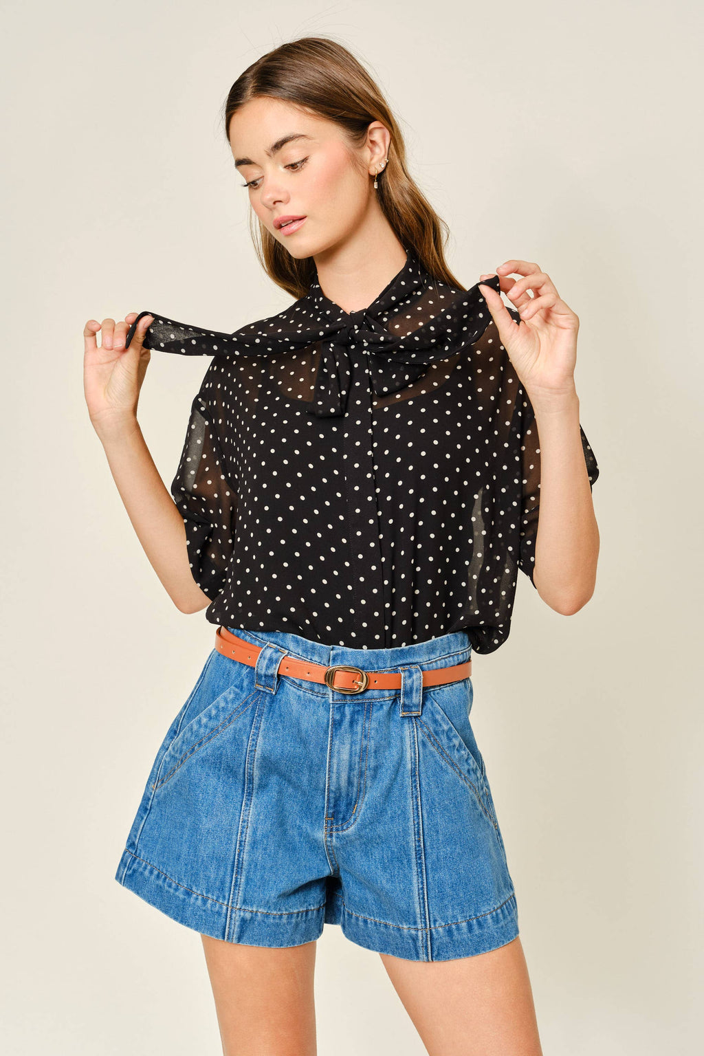 POLKA DOT SHORT SLEEVE RIBBON TIE TOP