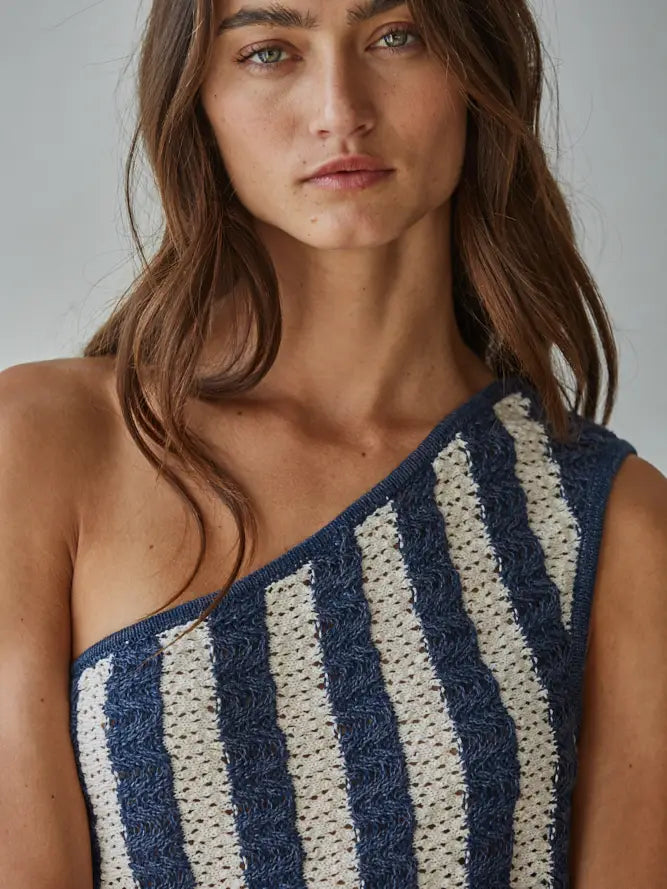 By Together One Shoulder Knit Crop Top - Denim Natural Striped Sweater