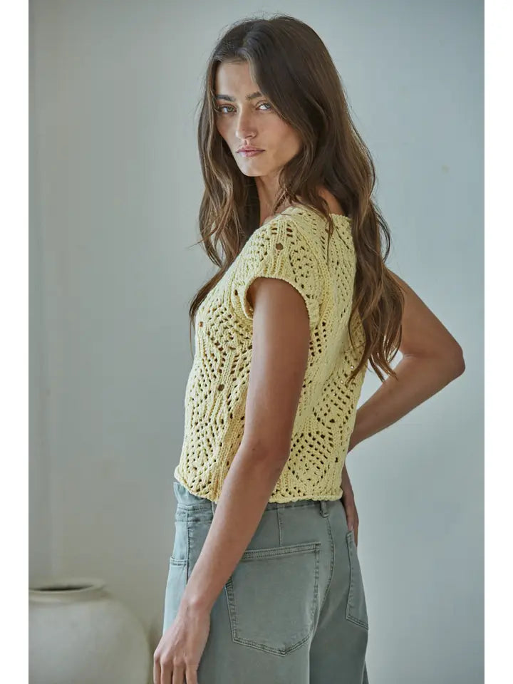 KNIT SWEATER COTTON CROCHET V-NECK CAP SLEEVE TOP