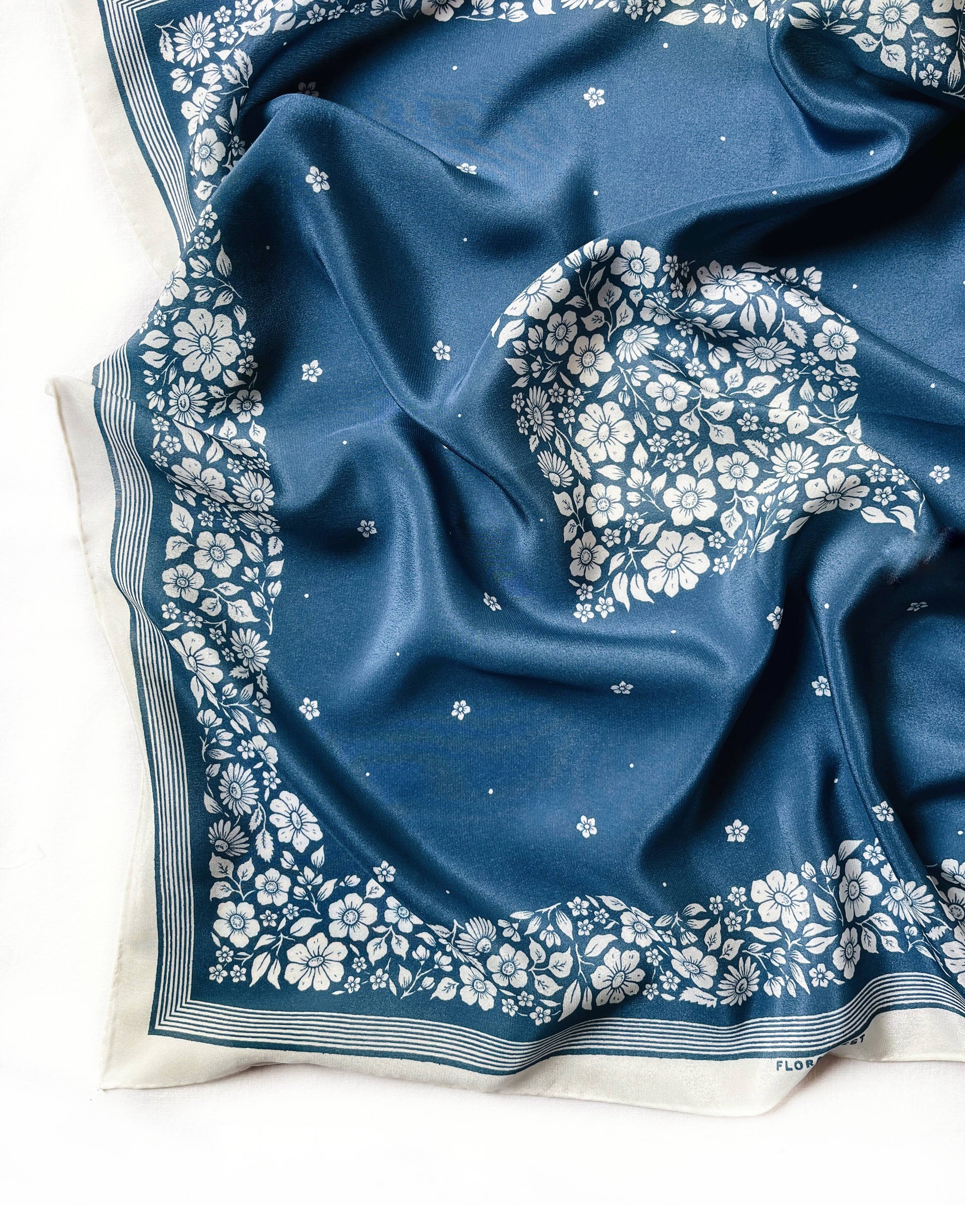 100% Silk Bandana Scarf -Santorini Floral China Blue Western