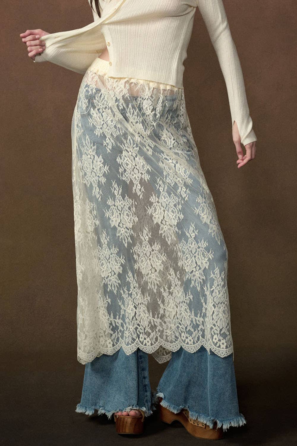 Sheer Floral Lace Layering Midi Skirt