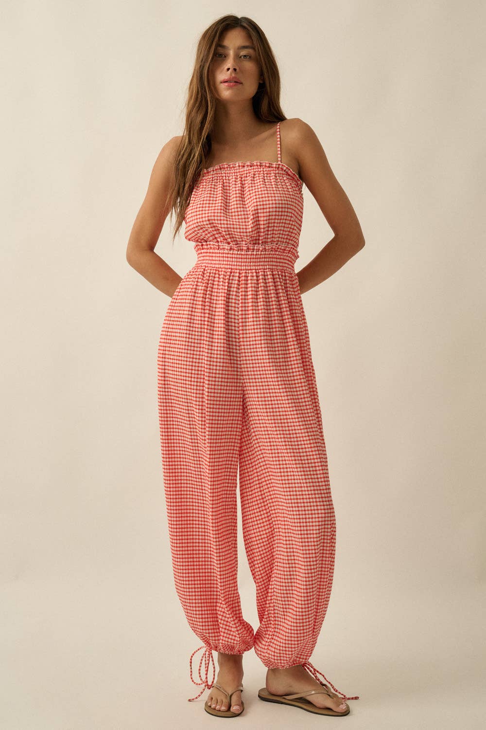 Gingham Plaid Open-Back Jumpsuit