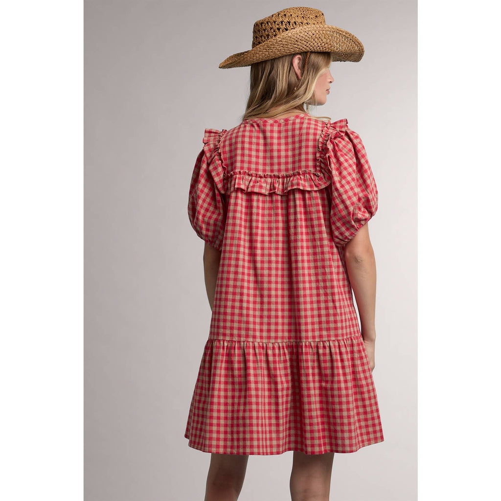RUFFLE DETAIL GINGHAM MINI DRESS
