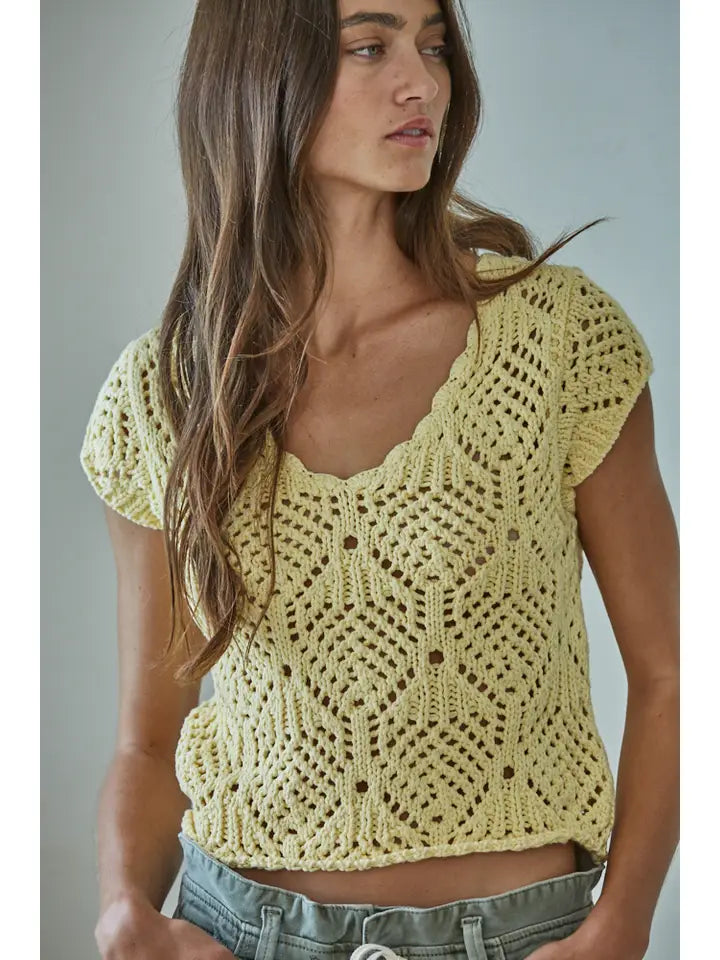 KNIT SWEATER COTTON CROCHET V-NECK CAP SLEEVE TOP