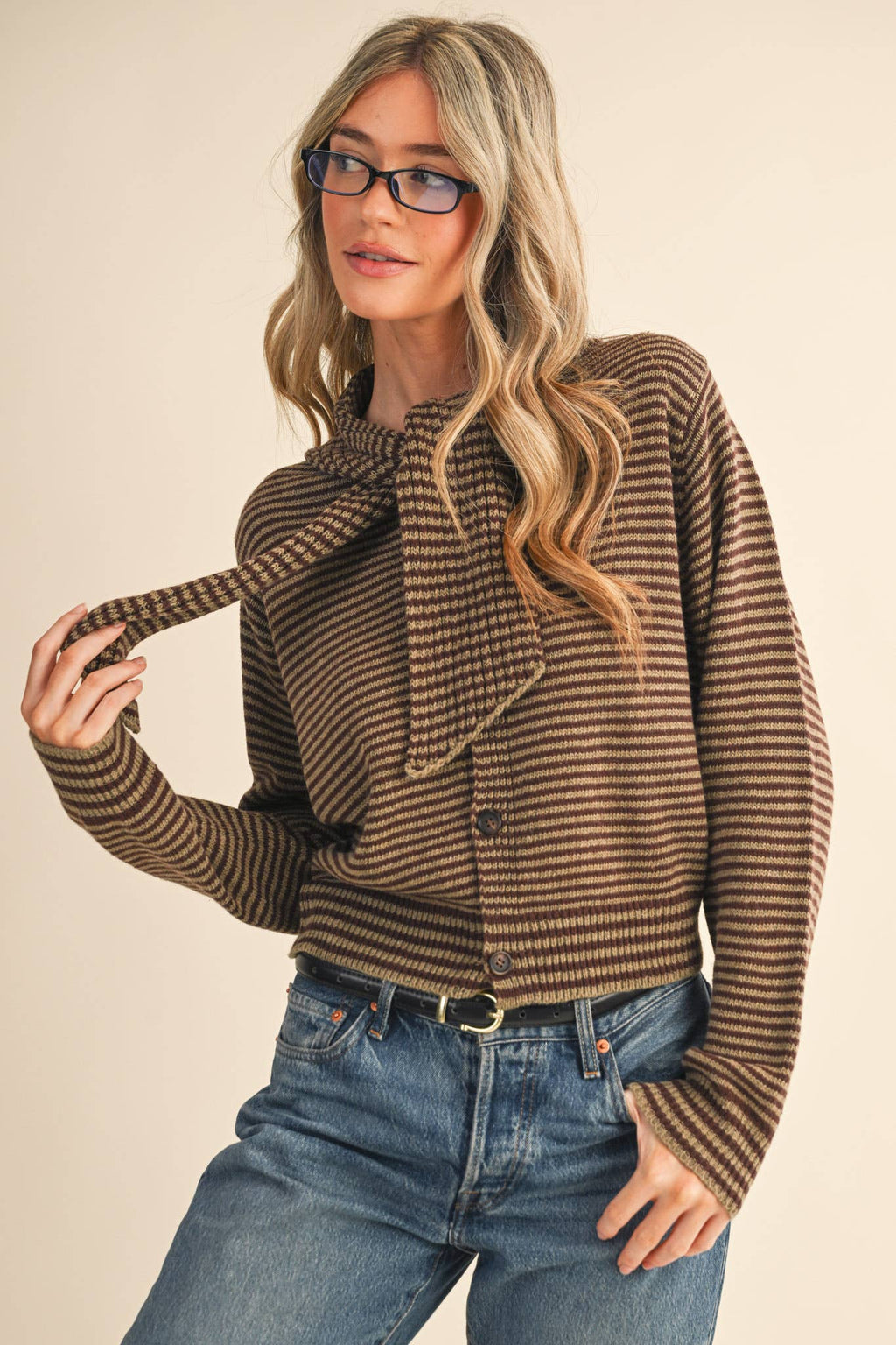 STRIPED TYING NECK SWEATER CARDIGAN MSW11125