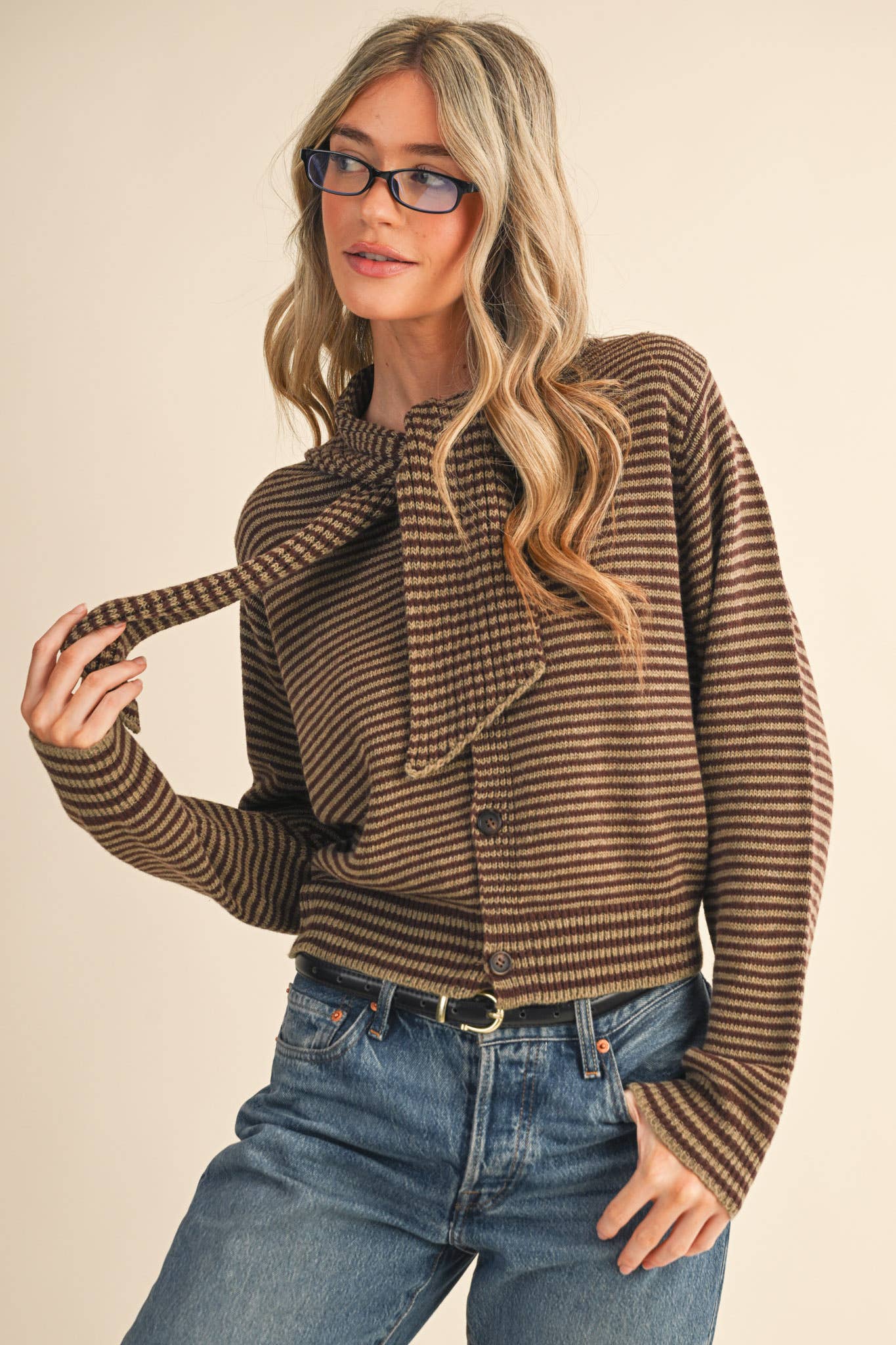 STRIPED TYING NECK SWEATER CARDIGAN MSW11125
