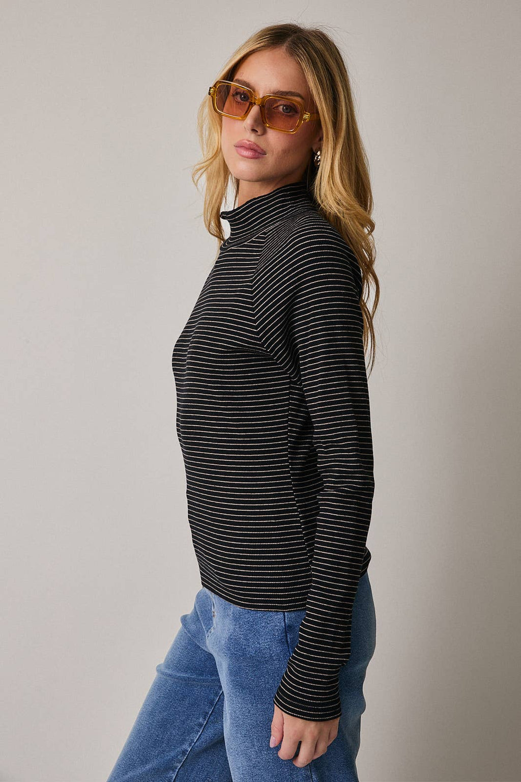 MOCK NECK RAGLAN LONG SLEEVE STRIPE KNIT TOP