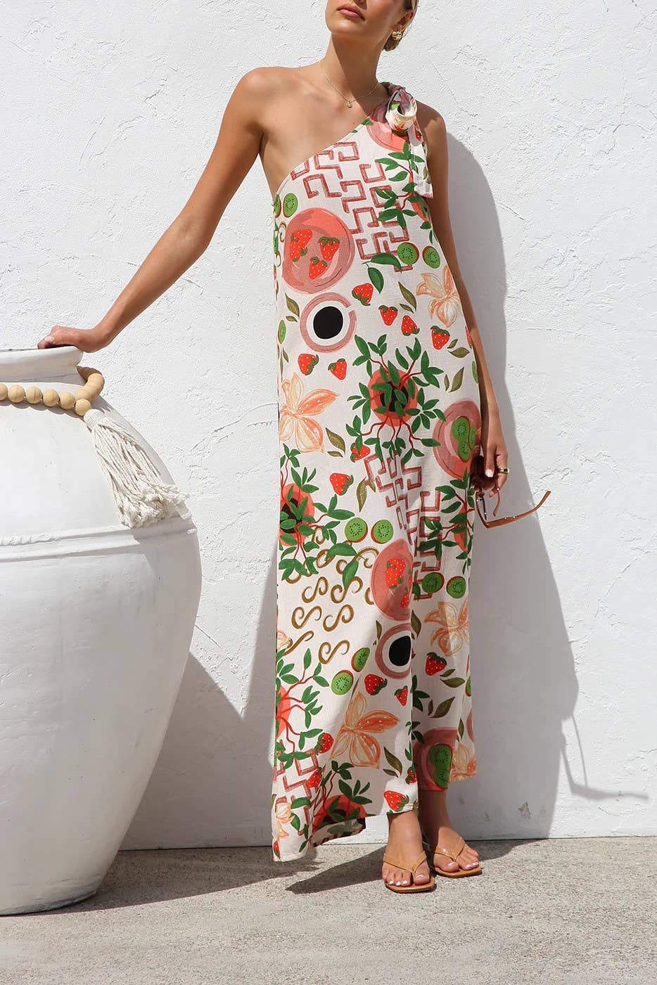 Floral botanical fruit print one shoulder dress