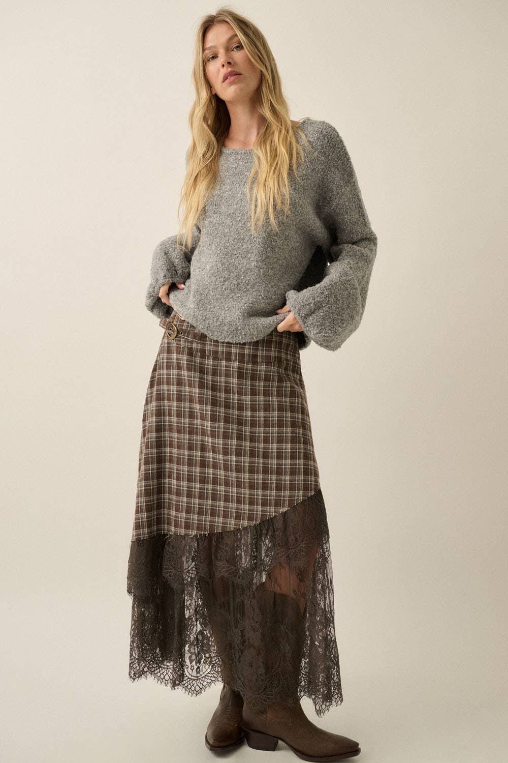 Buckled-Waist Asymmetrical Tiered Maxi Skirt