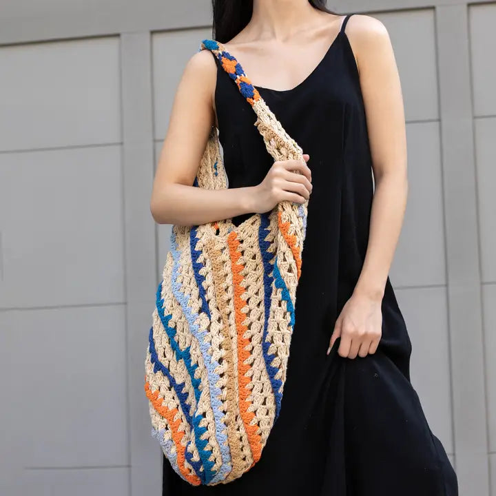 Delilah Bag - Oversize Cotton Sling Tote- Blue and Orange