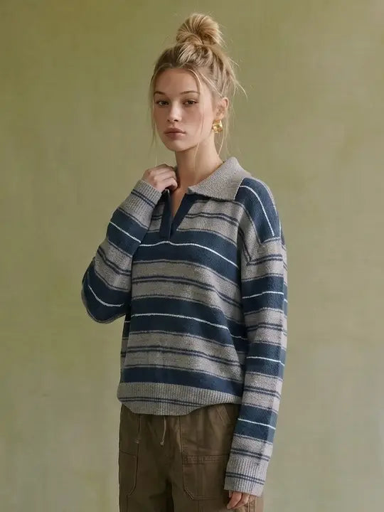 Horizontal Multi-stripe Collared Knit Sweater