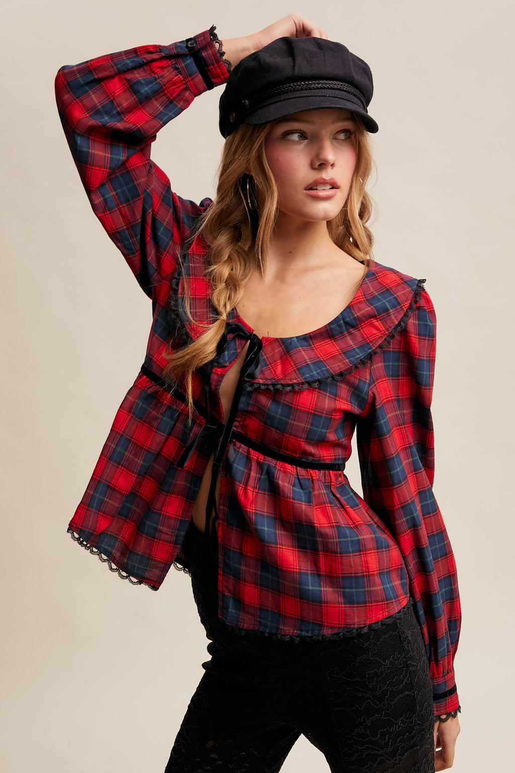 Plaid Velvet Trim Holiday Blouse LT1446