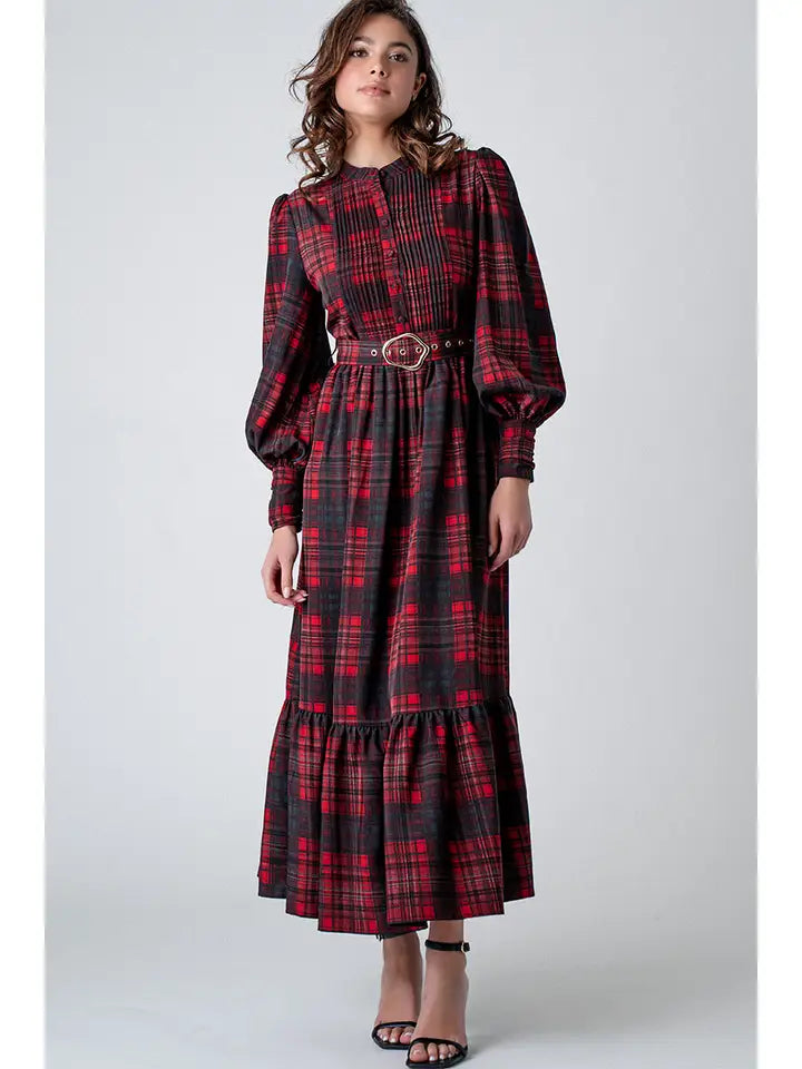 Plaid Belted Layered Button Down Balloon Sleeve Maxi Dress