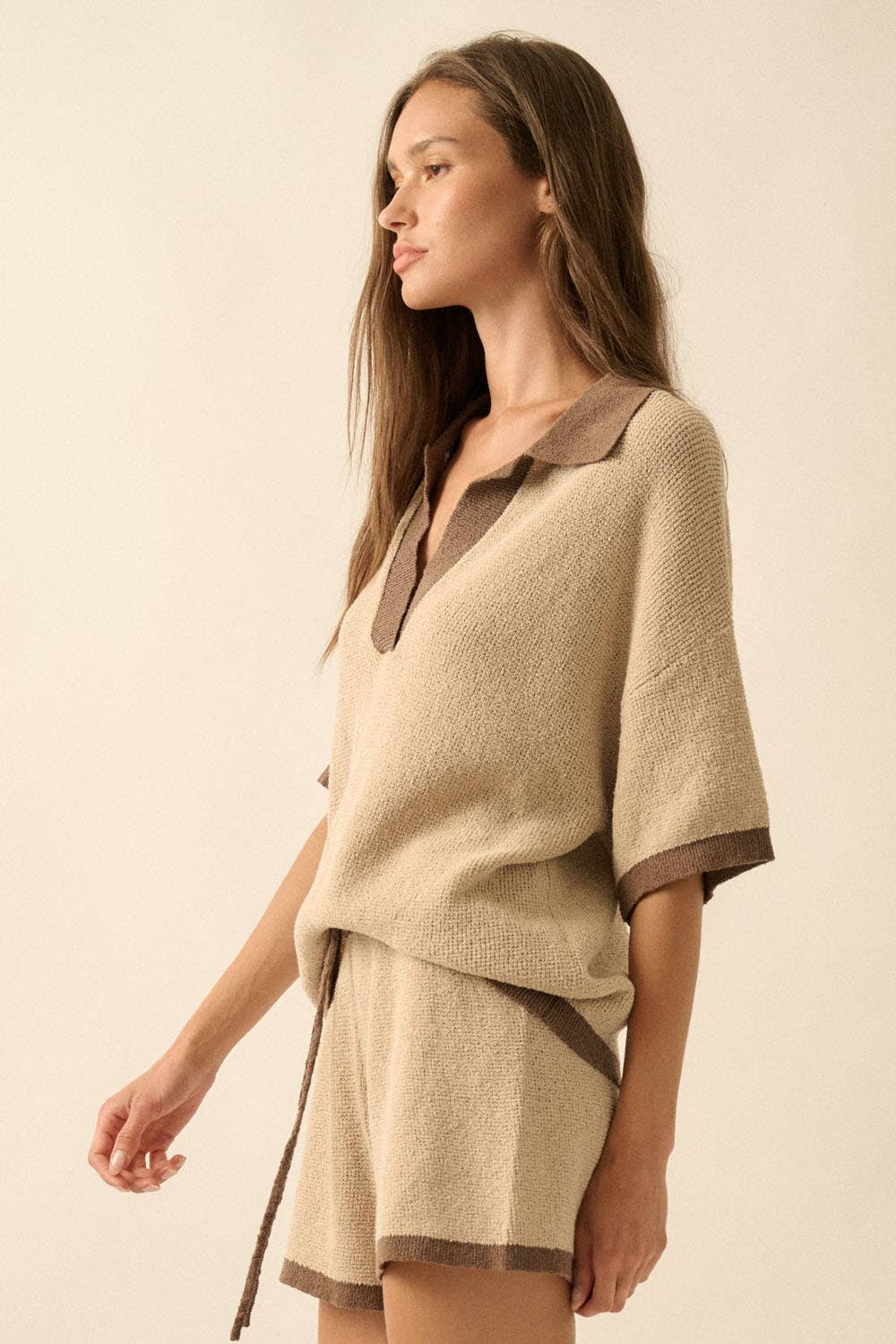 Solid Knit Contrast Short-Sleeve Polo Sweater