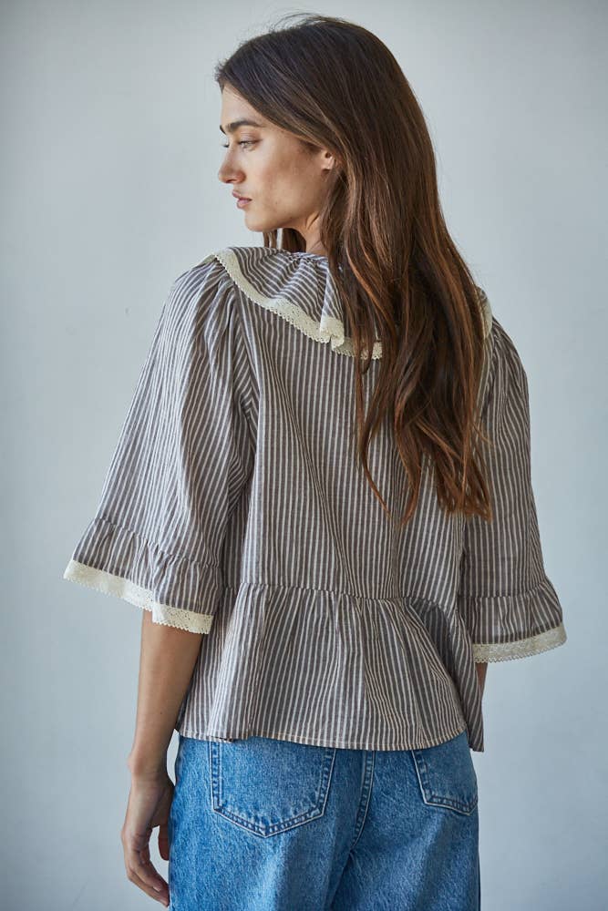 Woven Cotton Linen Striped Ruffle Top